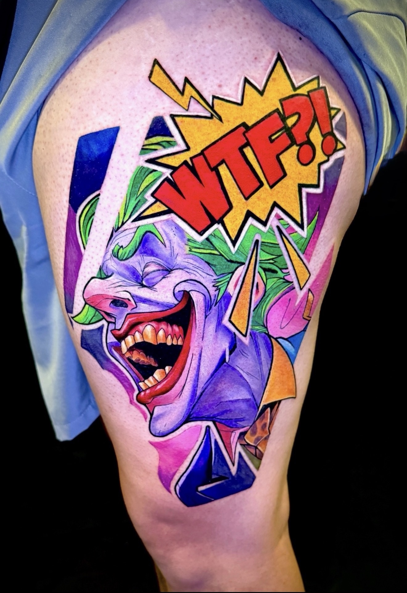 Color Joker pop-art tattoo by Jorge Moreira at Moreira Ink Tattoo Shop, Lake Alfred FL