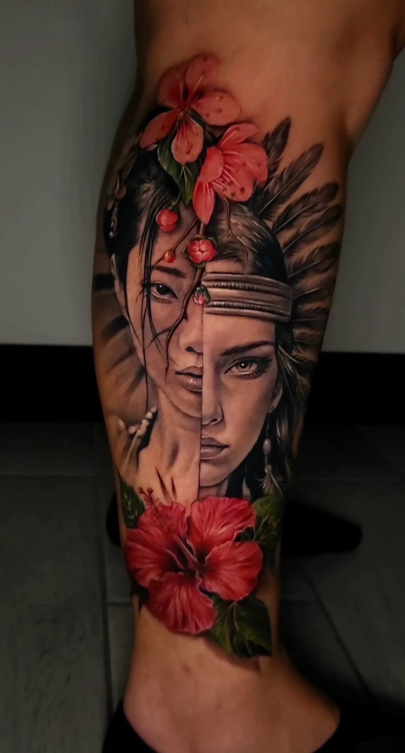 Color portrait with flowers tattoo by Reynier Vazquez