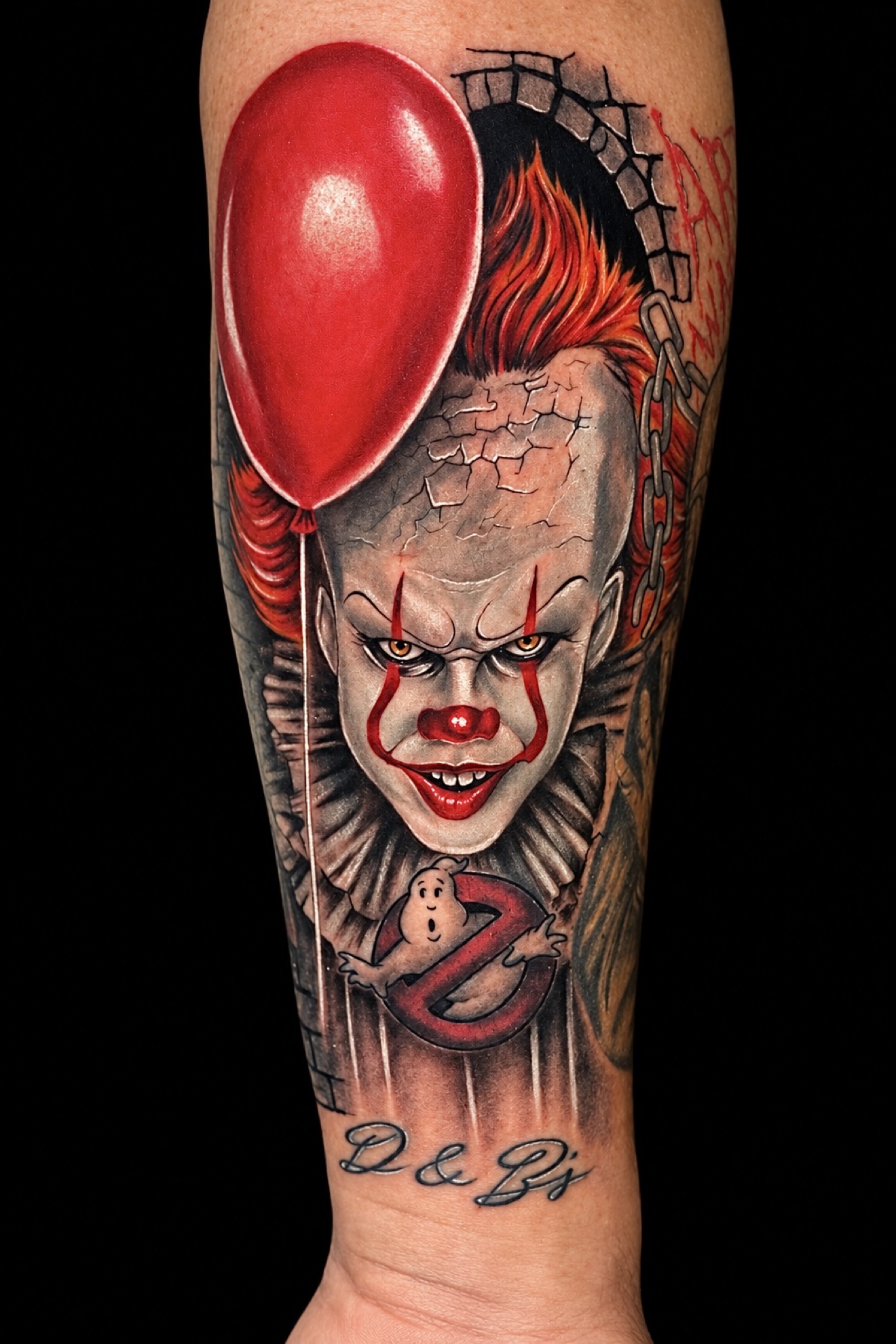 Horror clown with balloon tattoo by Yudisnel Reina